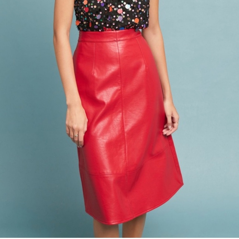ERI + ALI RED A-LINE MIDI FAUX LEATHER SKIRT